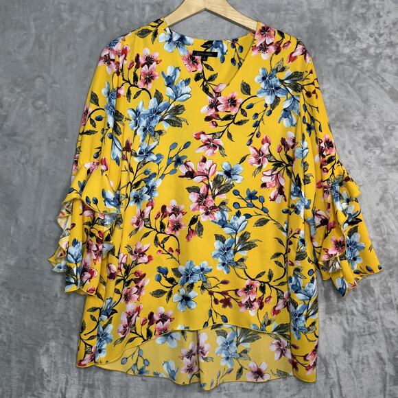 John Mark Blouse Womens Large Yellow Floral Ruffle Bell Sleeve Hi-Low V-Neck - Picture 1 of 10